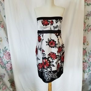 BCBG Red, White, & Black Floral Strapless Dress